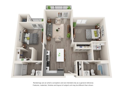 A 3D rendered image of a modern apartment layout.